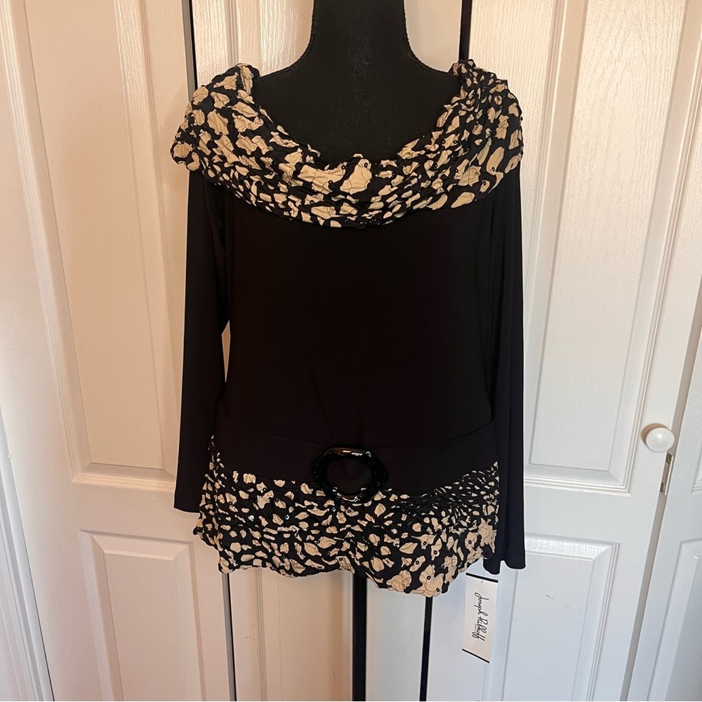 NWT Joseph Ribkoff Textured Top Sz 16 03241 Black Tan Sequin Off Shoulder Buckle - Picture 6 of 12